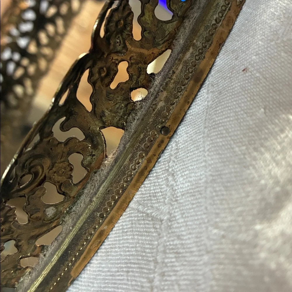 Mirrored vanity tray ornate reticulated brass filigree frame Around Oval Mirror